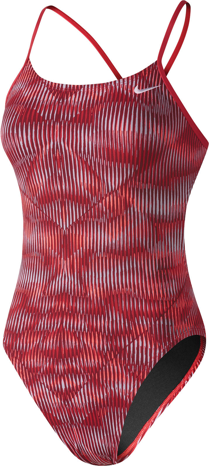 Nike Swim Ladies' Vibe Cut-Out Tank One-Piece Swimsuit - A red one-piece swimsuit with a cut-out design on the back and thin straps.