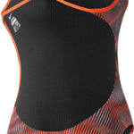 Nike Swim Ladies' Vibe Cut-Out Tank One-Piece Swimsuit - A black one-piece swimsuit with orange trim and cut-out details on the sides.