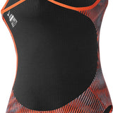 Nike Swim Ladies' Vibe Cut-Out Tank One-Piece Swimsuit - A black one-piece swimsuit with orange trim and cut-out details on the sides.