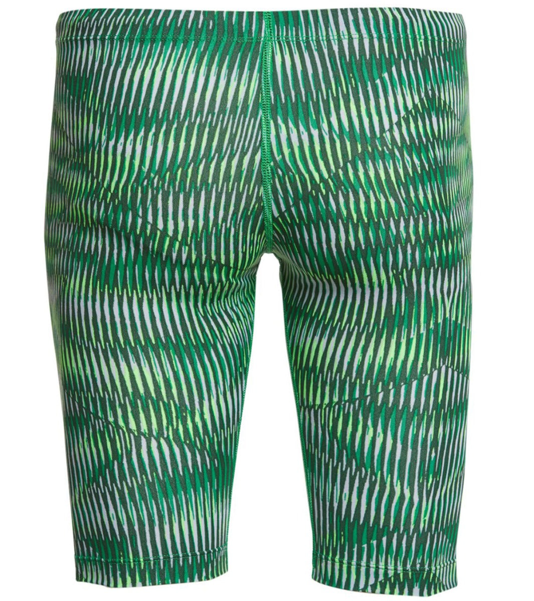 Nike Swim Men's Vibe Jammer Swimsuit - A green and white striped swimsuit with a solid green waistband.