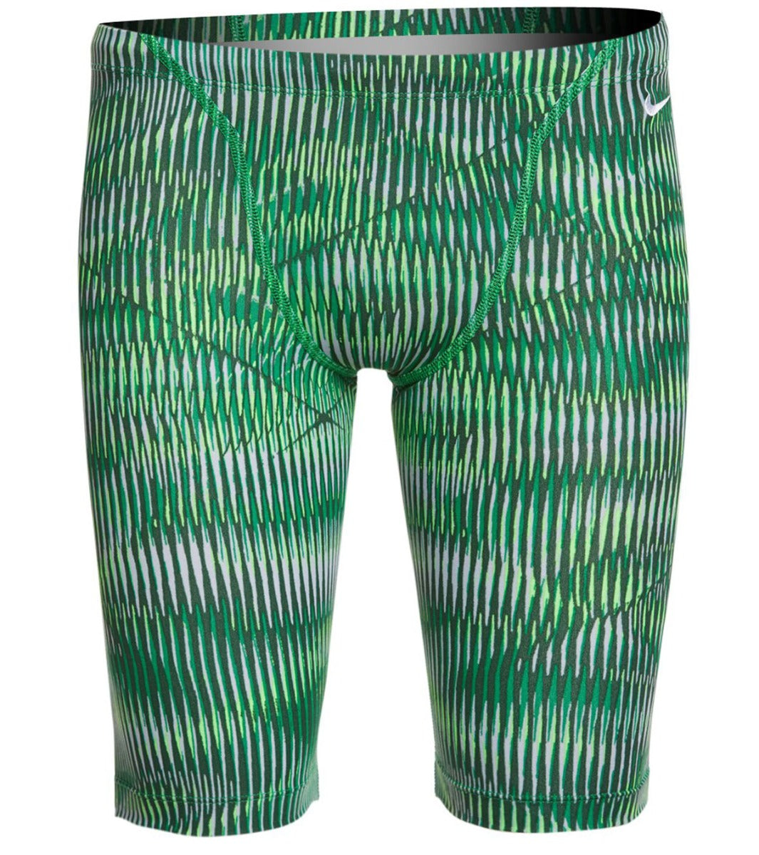 Nike Swim Men's Vibe Jammer Swimsuit - A green and white swimsuit with a geometric pattern, featuring a solid dark green waistband.