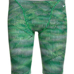 Nike Swim Men's Vibe Jammer Swimsuit - A green and white swimsuit with a geometric pattern, featuring a solid dark green waistband.