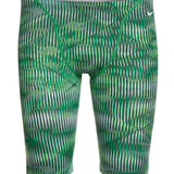 Nike Swim Men's Vibe Jammer Swimsuit - A green and white swimsuit with a geometric pattern, featuring a solid dark green waistband.