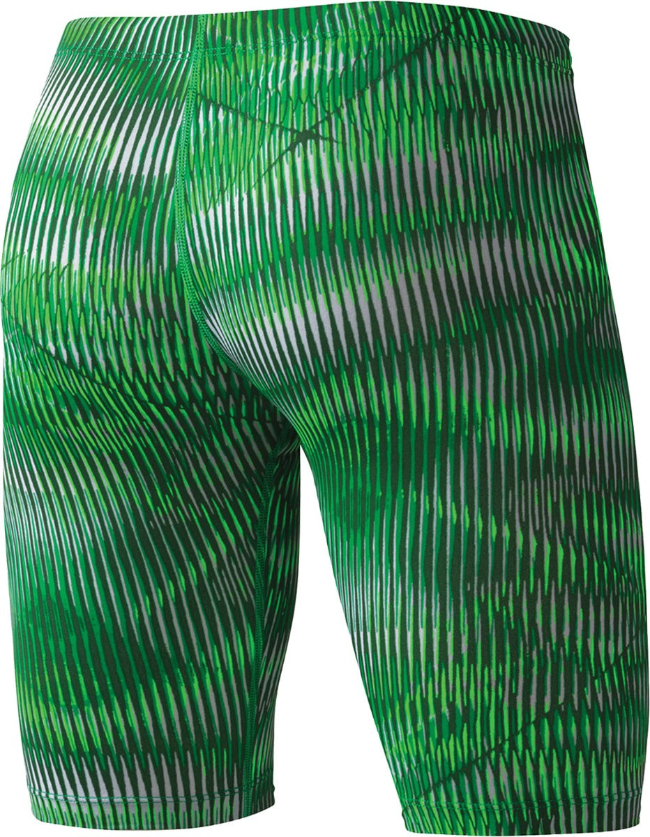 Nike Swim Men's Vibe Jammer Swimsuit - A green and white striped swimsuit with a high waistband, featuring a pattern of diagonal stripes in various shades of green.