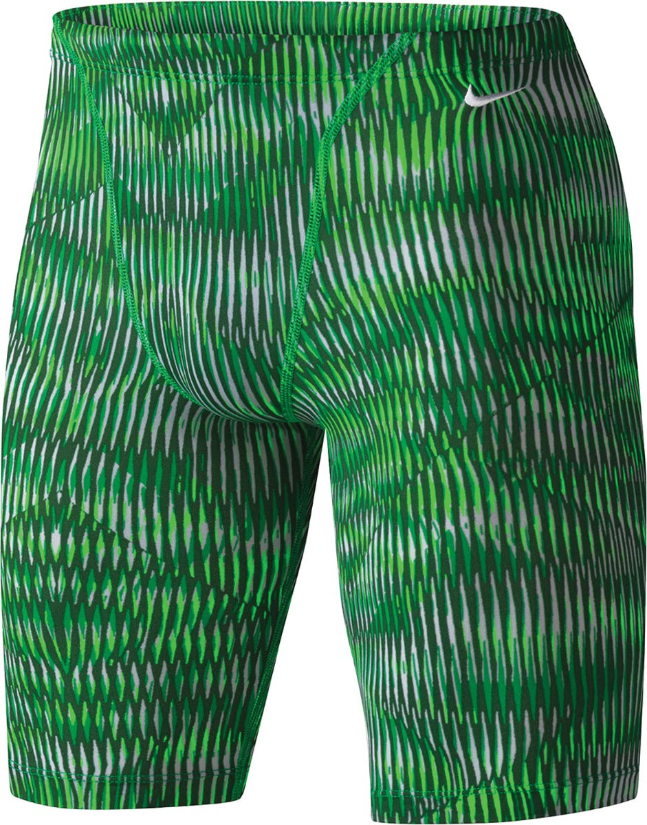 Nike Swim Men's Vibe Jammer Swimsuit - A green and white striped swimsuit with a Nike logo on the left hip.