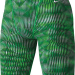 Nike Swim Men's Vibe Jammer Swimsuit - A green and white striped swimsuit with a Nike logo on the left hip.