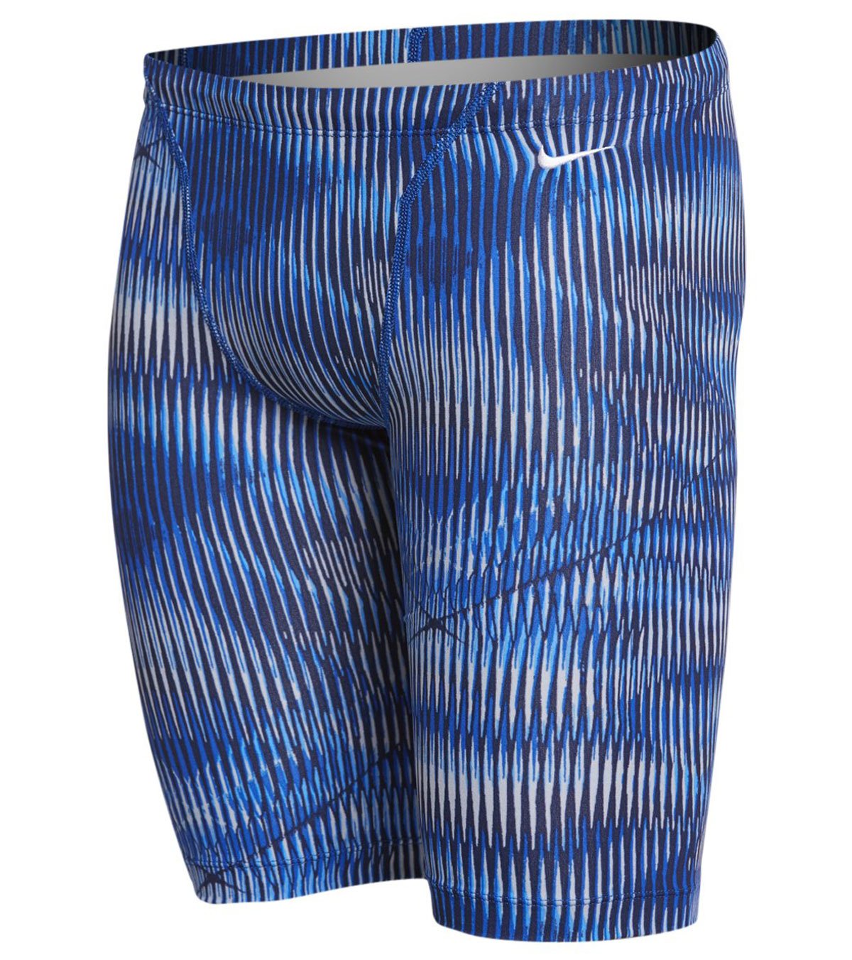 Nike Swim Men's Vibe Jammer Swimsuit - A blue and white striped swimsuit with a Nike logo on the left hip.