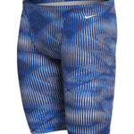 Nike Swim Men's Vibe Jammer Swimsuit - A blue and white striped swimsuit with a Nike logo on the left hip.