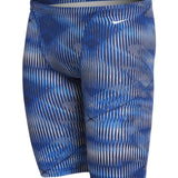 Nike Swim Men's Vibe Jammer Swimsuit - A blue and white striped swimsuit with a Nike logo on the left hip.