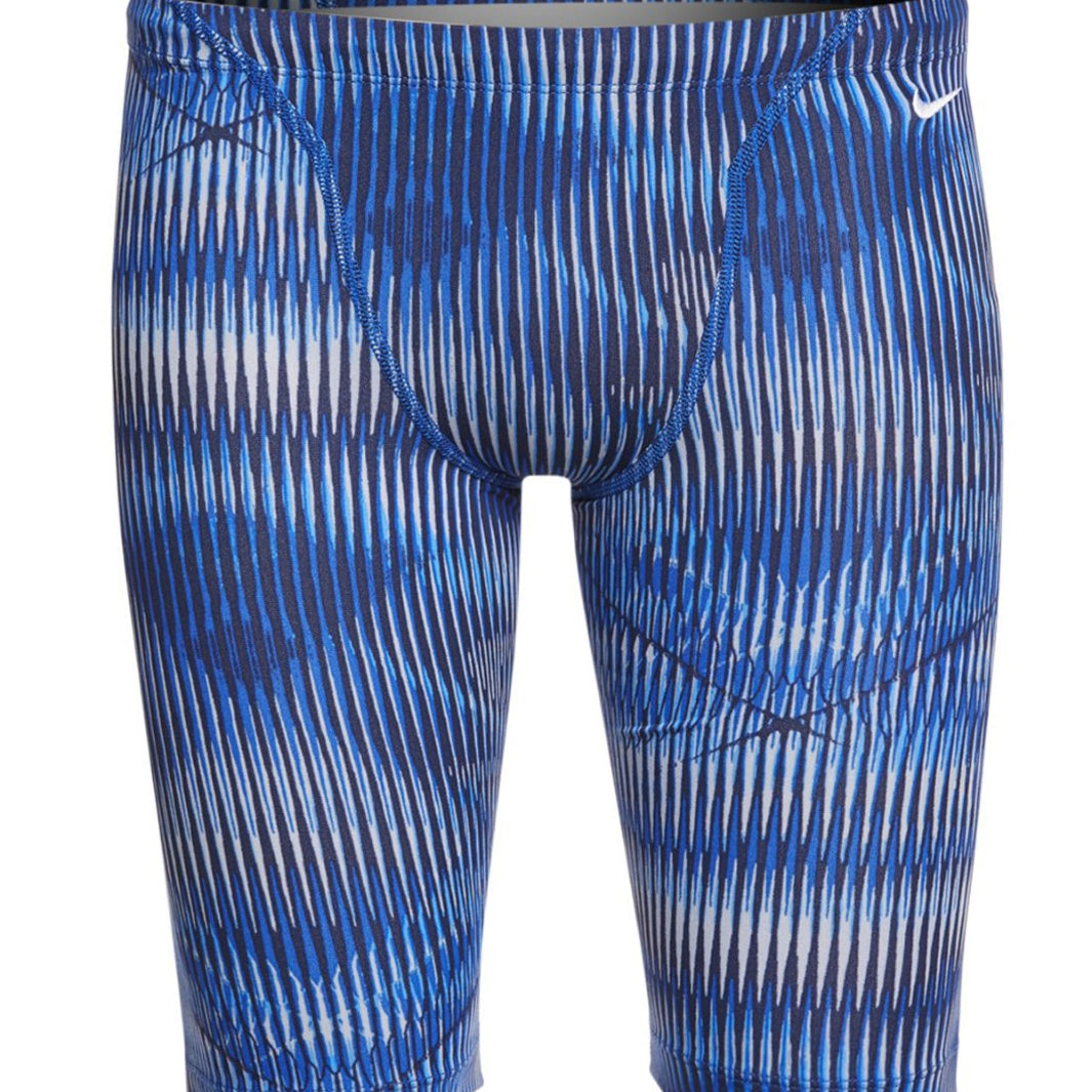 Nike Swim Men's Vibe Jammer Swimsuit - A blue and white striped swimsuit with a Nike logo on the upper left side of the waistband.