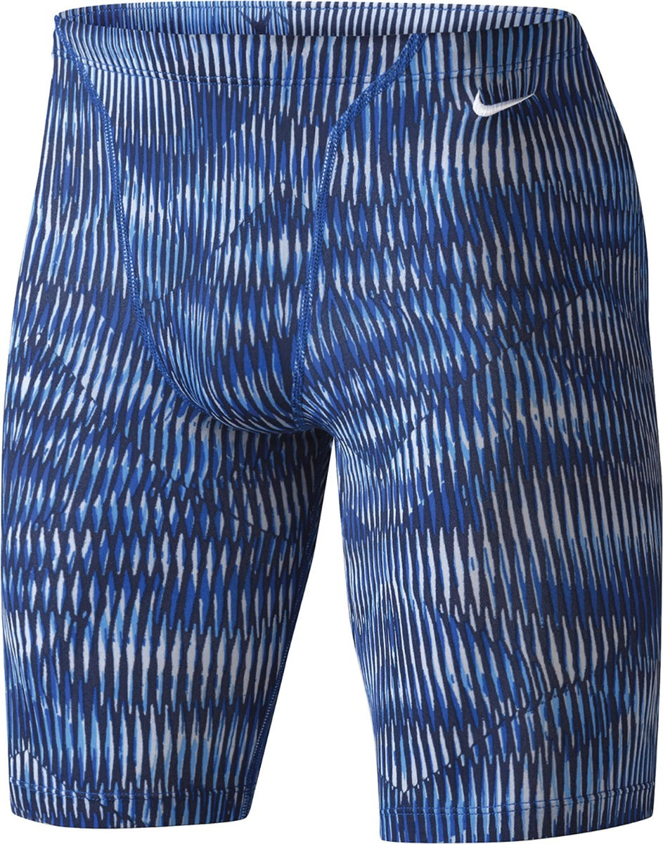 Nike Swim Men's Vibe Jammer Swimsuit - A blue and white striped swimsuit with a Nike logo on the left hip.