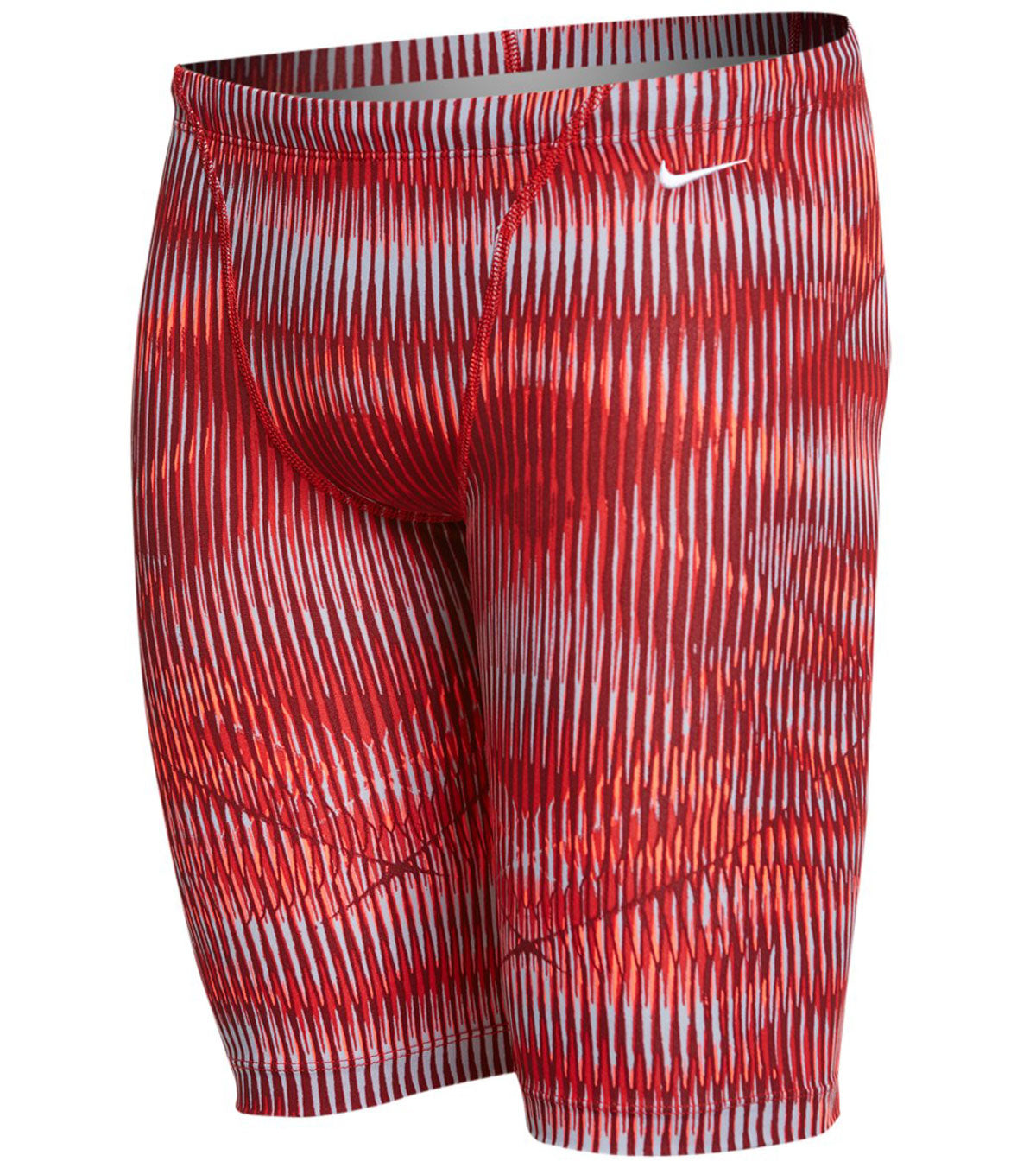 Nike Swim Men's Vibe Jammer Swimsuit - A red and white striped swimsuit with a small white Nike logo on the upper left side of the waistband.