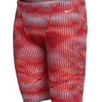 Nike Swim Men's Vibe Jammer Swimsuit - A red and white striped swimsuit with a small white Nike logo on the upper left side of the waistband.