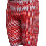 Nike Swim Men's Vibe Jammer Swimsuit - A red and white striped swimsuit with a small white Nike logo on the upper left side of the waistband.