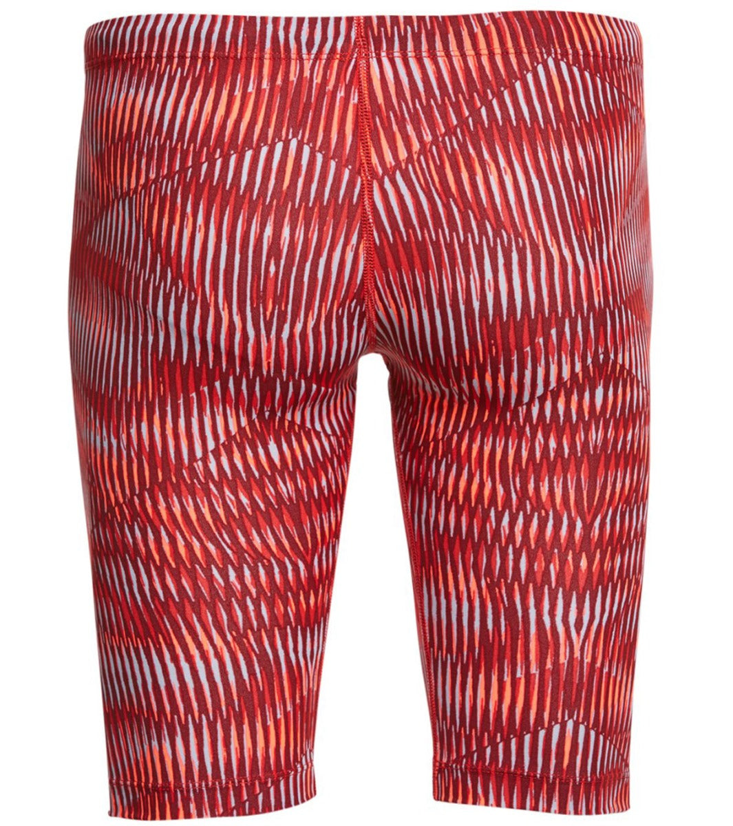 Nike Swim Men's Vibe Jammer Swimsuit - A red swimsuit with a geometric pattern of white and orange lines.