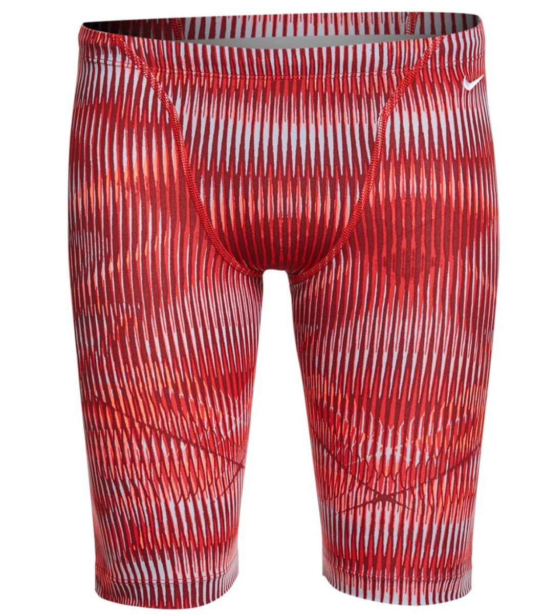 Nike Swim Men's Vibe Jammer Swimsuit - A red and white striped swimsuit with a Nike logo on the left hip.