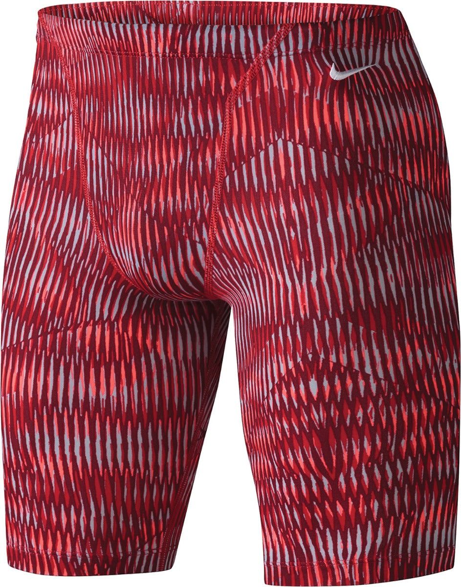 Nike Swim Men's Vibe Jammer Swimsuit - A red and black swimsuit with a geometric pattern of lines, featuring a white Nike swoosh logo on the left hip.