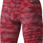 Nike Swim Men's Vibe Jammer Swimsuit - A red and black swimsuit with a geometric pattern of lines, featuring a white Nike swoosh logo on the left hip.