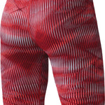 Nike Swim Men's Vibe Jammer Swimsuit - A red and black swimsuit with a geometric pattern of lines on the fabric, featuring a solid color background.
