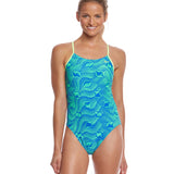 Nike Swim Ladies' Far Out Cut-Out Tank One-Piece Swimsuit - A blue and green one-piece swimsuit with cut-outs on the sides, featuring a tank-style top.