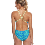 Nike Swim Ladies' Far Out Cut-Out Tank One-Piece Swimsuit - A blue and green one-piece swimsuit with cut-outs on the sides, featuring a tank-style top with thin straps.