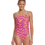 Nike Swim Ladies' Far Out Cut-Out Tank One-Piece Swimsuit - A pink and orange one-piece swimsuit with a cut-out design on the front, featuring thin straps and a high-cut leg.