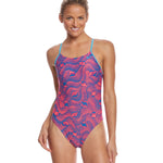 Nike Swim Ladies' Far Out Cut-Out Tank One-Piece Swimsuit - A pink and blue one-piece swimsuit with cut-out details on the sides, featuring a tank-style top.