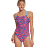 Nike Swim Ladies' Far Out Cut-Out Tank One-Piece Swimsuit - A pink and blue one-piece swimsuit with cut-out details on the sides, featuring a tank-style top.