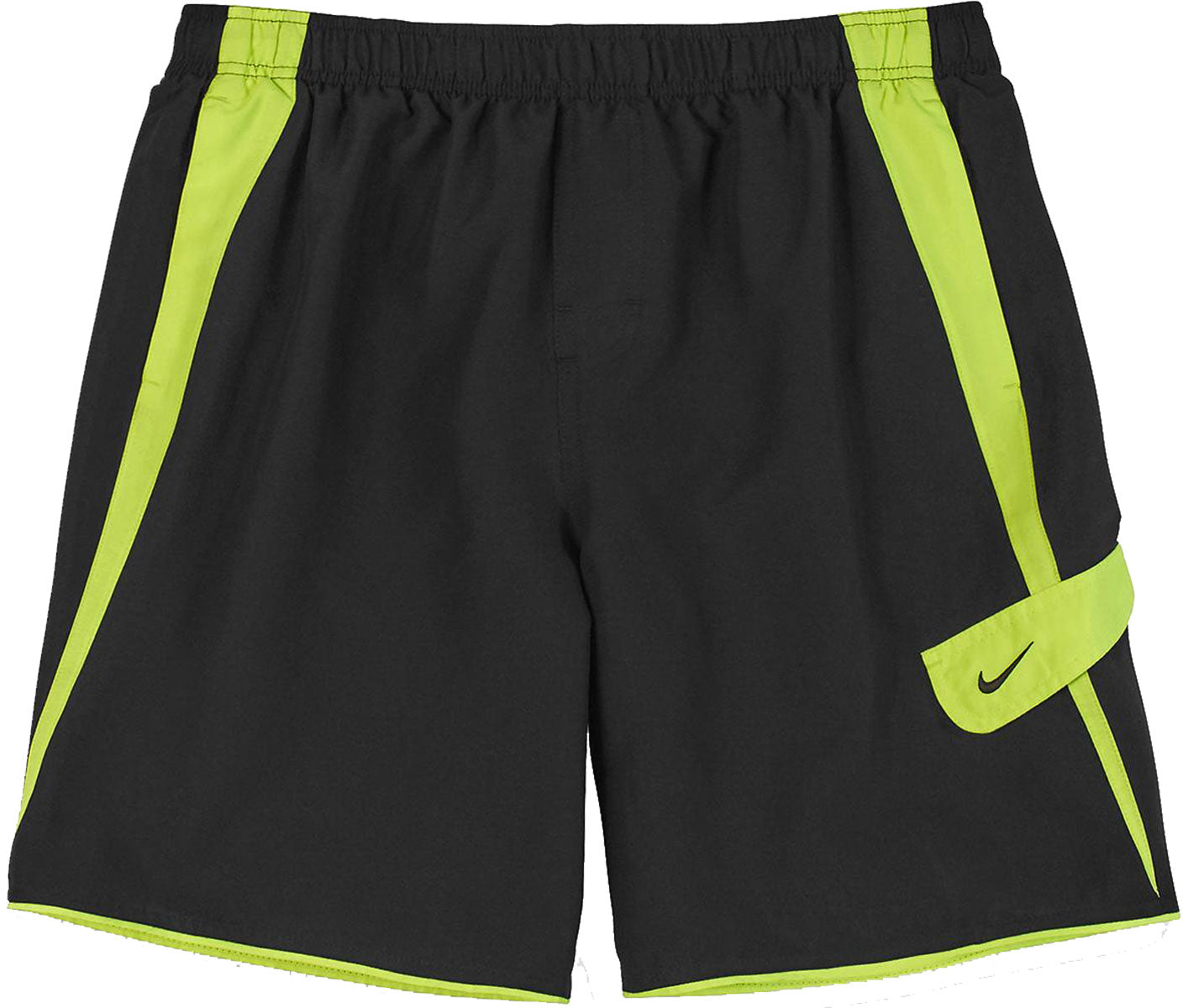 Nike Men's Core 9" Spliced Cargo Swim Shorts - Black swim shorts with neon green splicing and cargo pockets on each side.