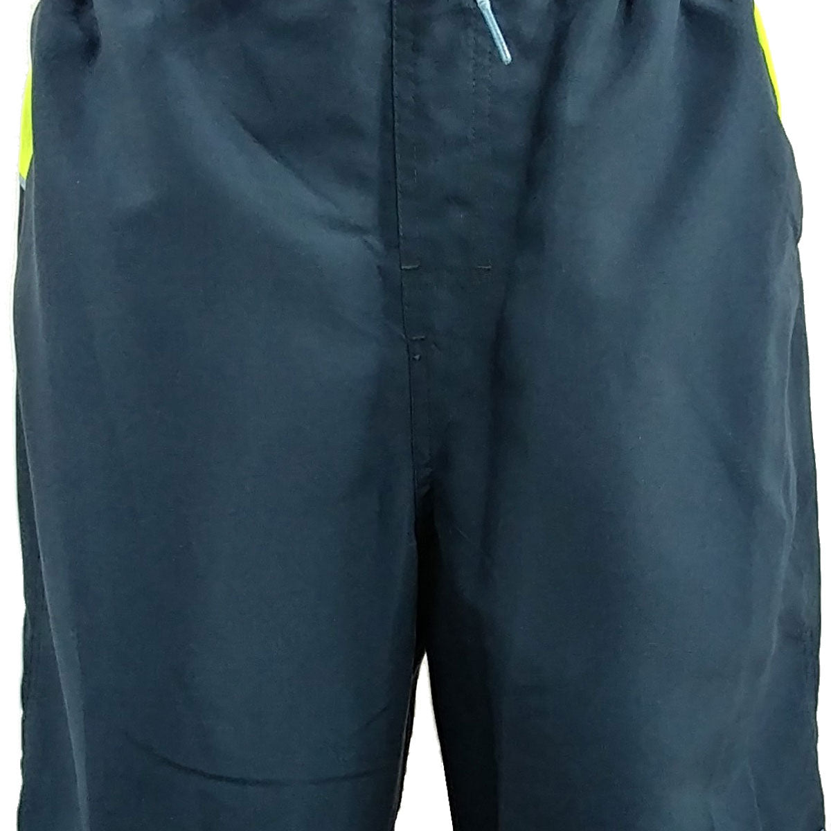 Nike Men's Color Surge 9" Volley Shorts - A pair of black shorts with neon yellow accents on the sides and a drawstring waistband.