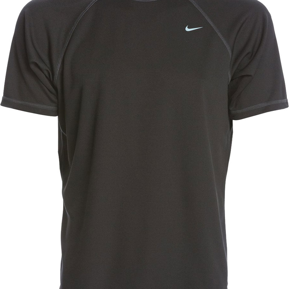 Nike Men's Hydroguard UV Pro Short Sleeve Rashguard Shirt - A black rash guard shirt with a white Nike logo on the left chest and a small white swoosh on the right shoulder.