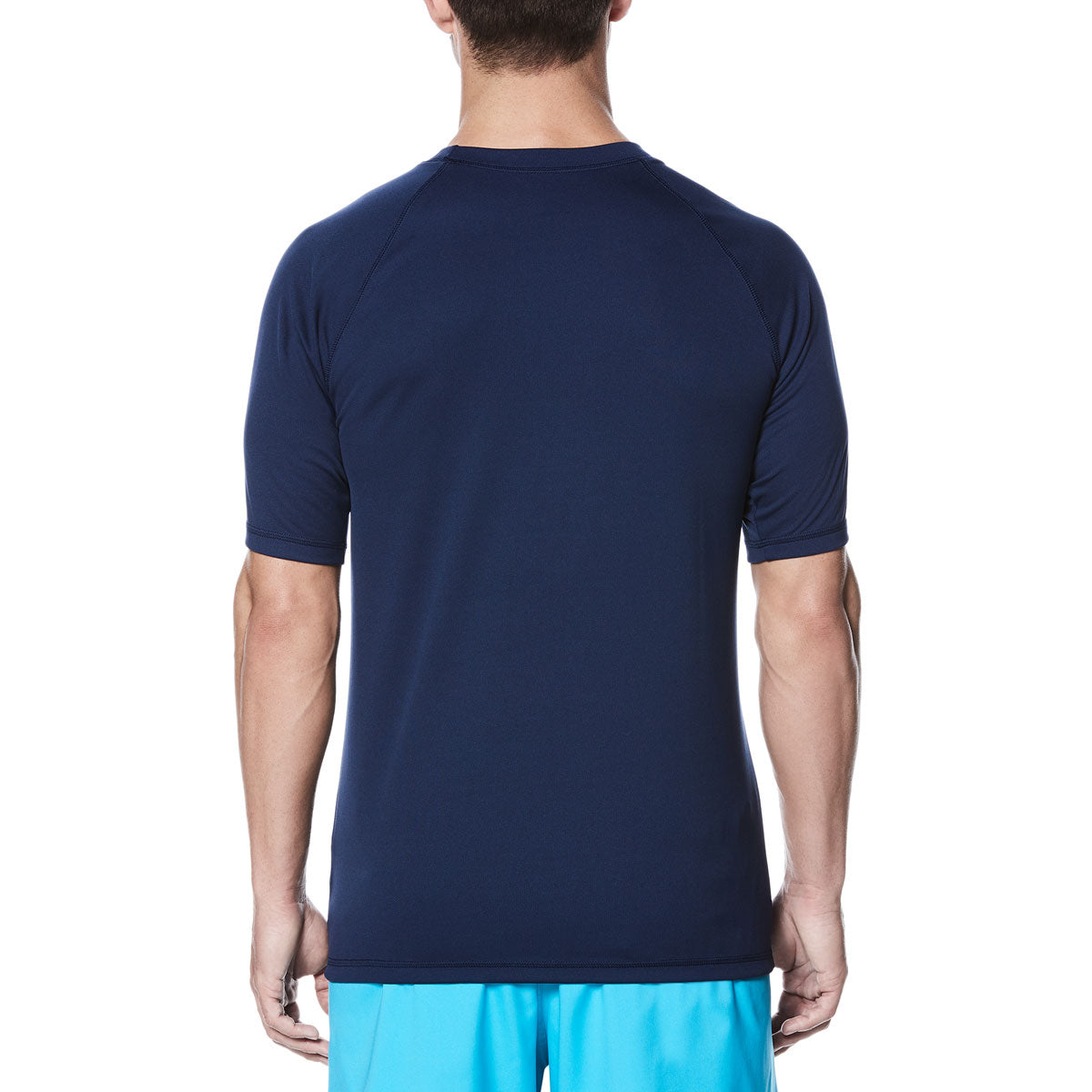 Nike Men's Just Do It Fade Hydro UV Short Sleeve Rashguard Shirt - A navy blue rash guard shirt with a faded "Just Do It" logo on the front, featuring short sleeves and a crew neck.