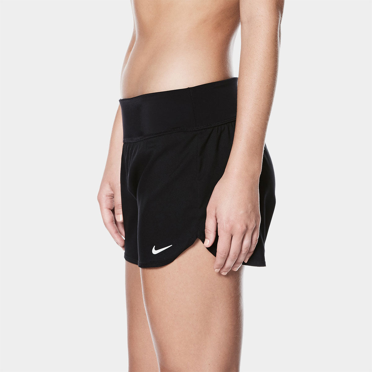 Nike Swim Ladies' Solid Element Board Shorts Bottom Two-Piece Swimsuit - A black two-piece swimsuit with a solid pattern, featuring Nike branding on the left leg of the shorts.