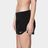 Nike Swim Ladies' Solid Element Board Shorts Bottom Two-Piece Swimsuit - A black two-piece swimsuit with a solid pattern, featuring Nike branding on the left leg of the shorts.