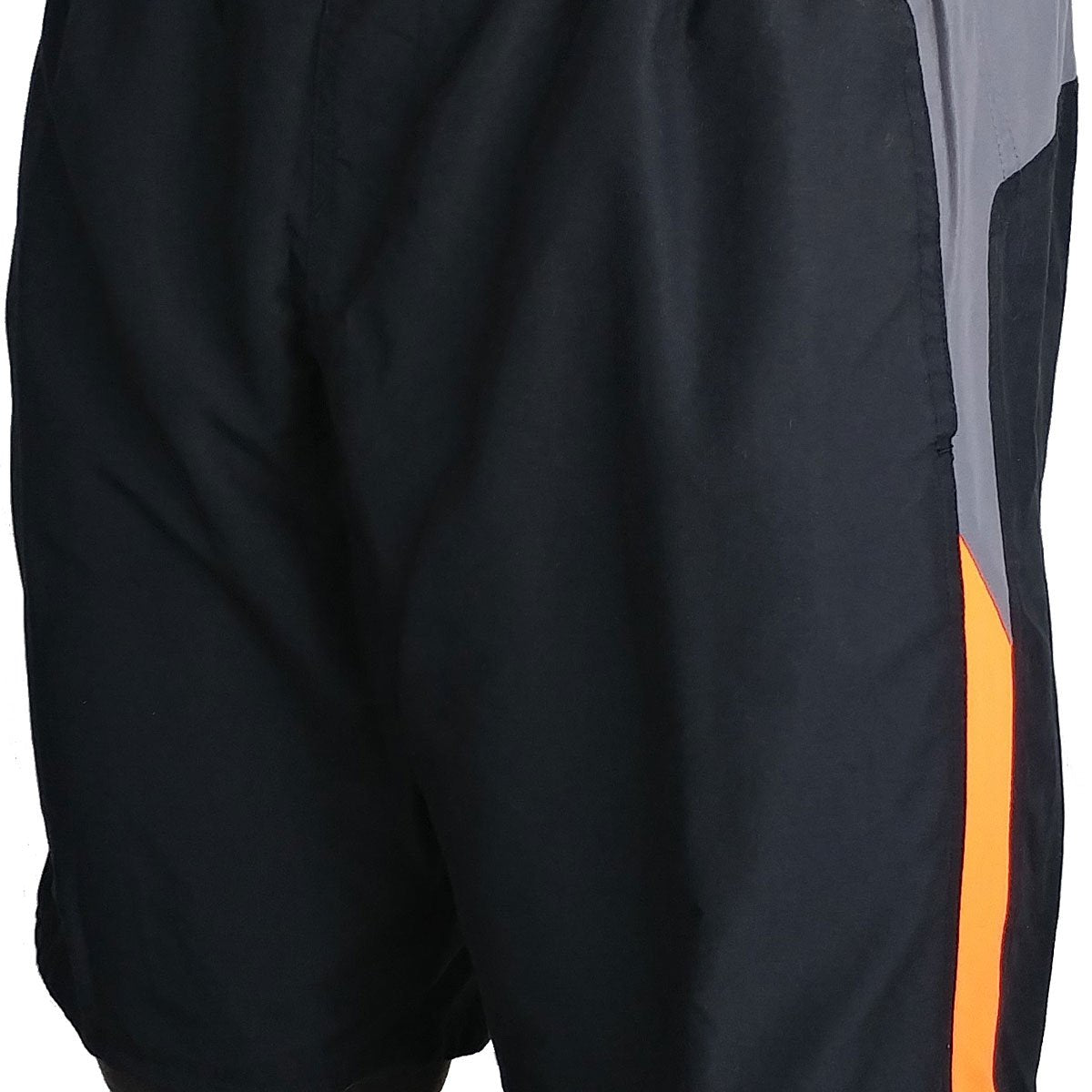 Nike Swim Men's 9" Spliced Volley Swim Shorts - Black swim shorts with a spliced design on the left leg, featuring orange and gray stripes.