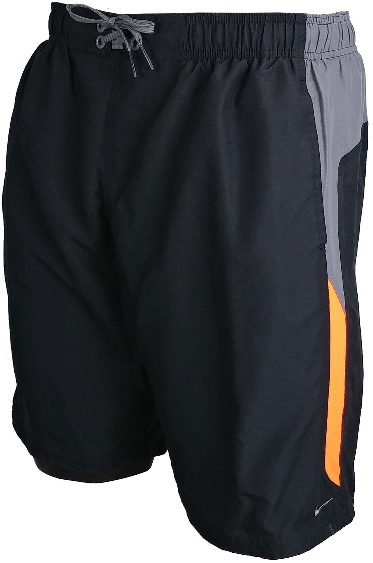 Nike Swim Men's 9" Spliced Volley Swim Shorts - Black swim shorts with a spliced design on the left leg, featuring orange and gray stripes.