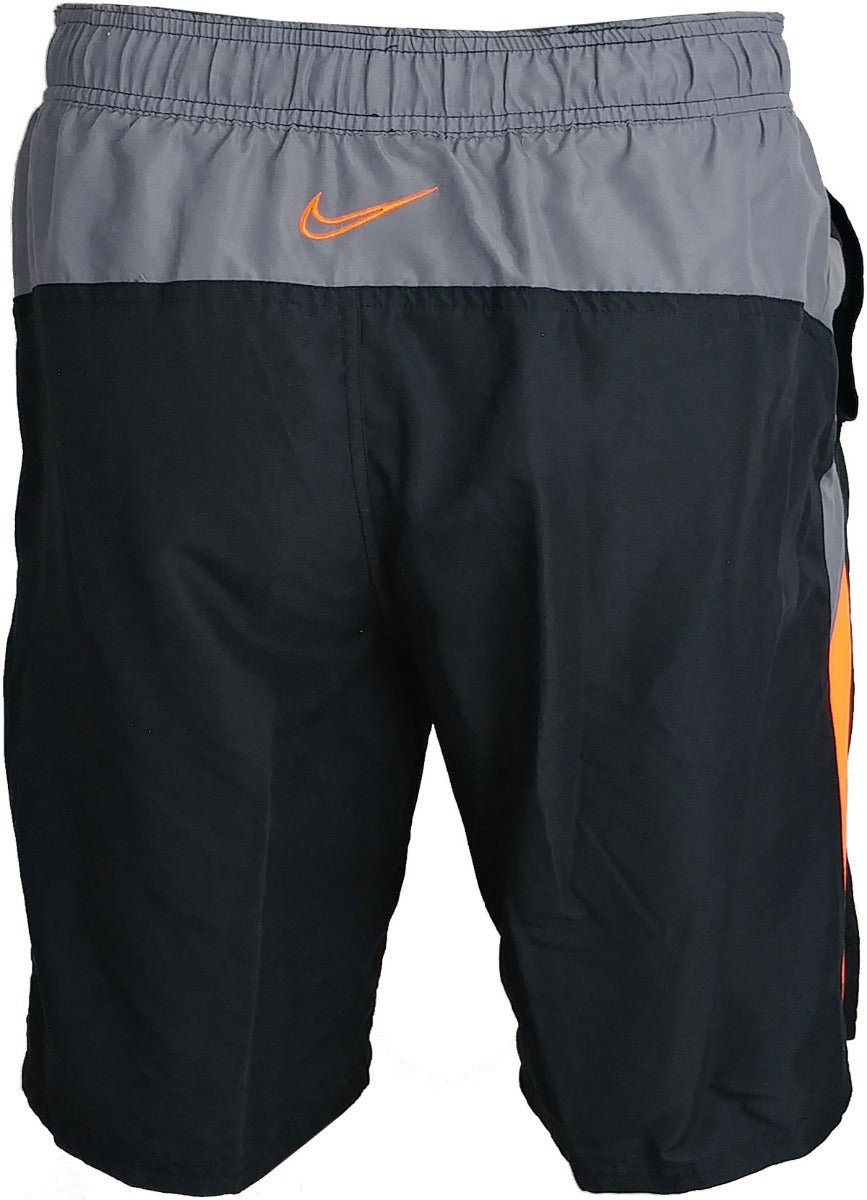 Nike Swim Men's 9" Spliced Volley Swim Shorts - A pair of men's swim shorts with a spliced design, featuring a combination of solid and striped patterns in shades of blue and white.