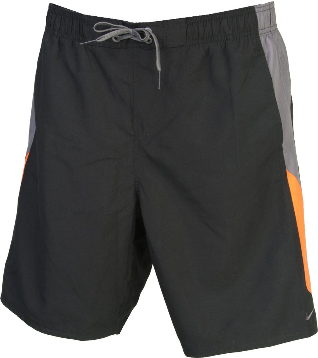 Nike Swim Men's 9" Spliced Volley Swim Shorts - A pair of black swim shorts with a spliced design in orange and gray on the sides.