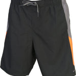 Nike Swim Men's 9" Spliced Volley Swim Shorts - A pair of black swim shorts with a spliced design in orange and gray on the sides.