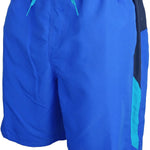 Nike Swim Men's 9" Spliced Volley Swim Shorts - A pair of men's swim shorts with a spliced design, featuring a combination of solid and striped patterns in shades of blue and white.