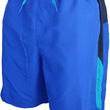 Nike Swim Men's 9" Spliced Volley Swim Shorts - A pair of men's swim shorts with a spliced design, featuring a combination of solid and striped patterns in shades of blue and white.