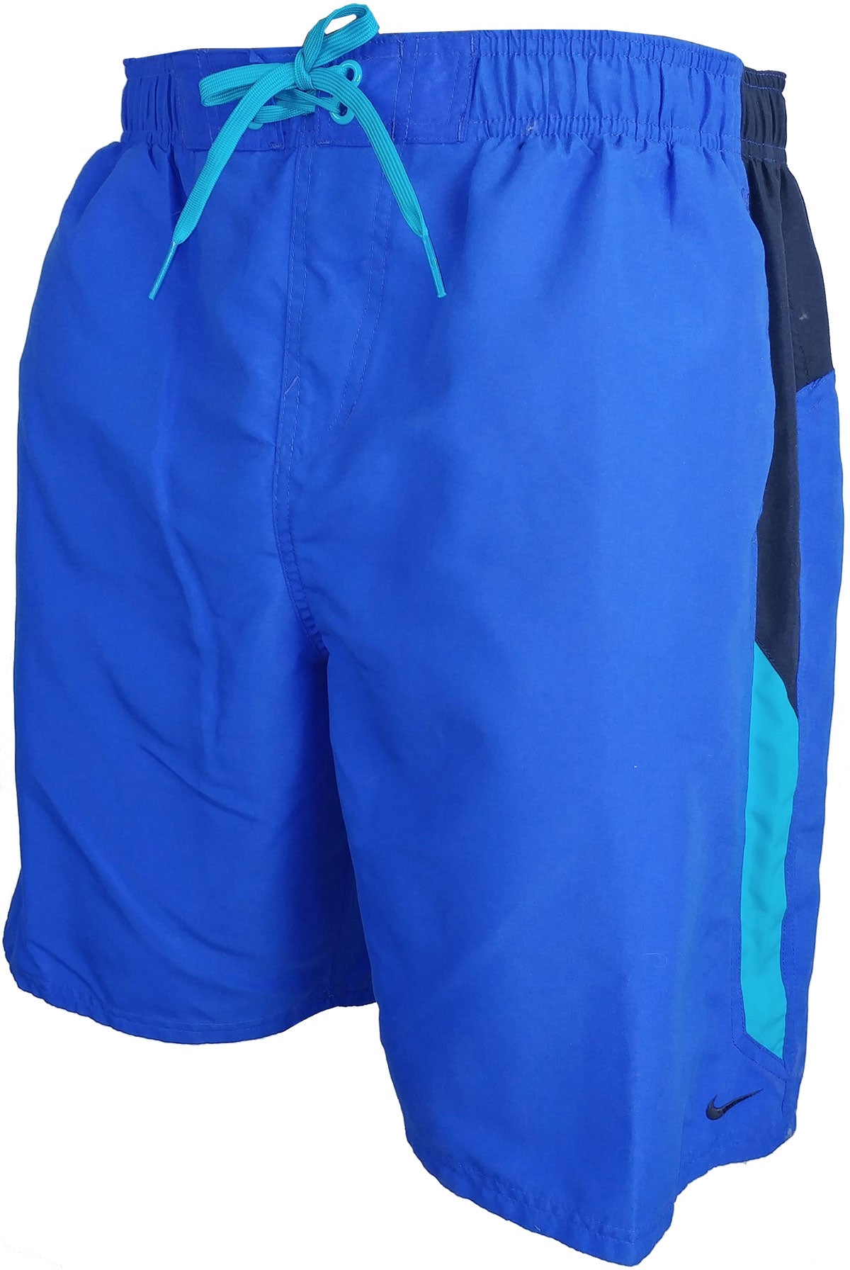 Nike Swim Men's 9" Spliced Volley Swim Shorts - A pair of men's swim shorts with a spliced design, featuring a combination of solid and striped patterns in shades of blue and white.