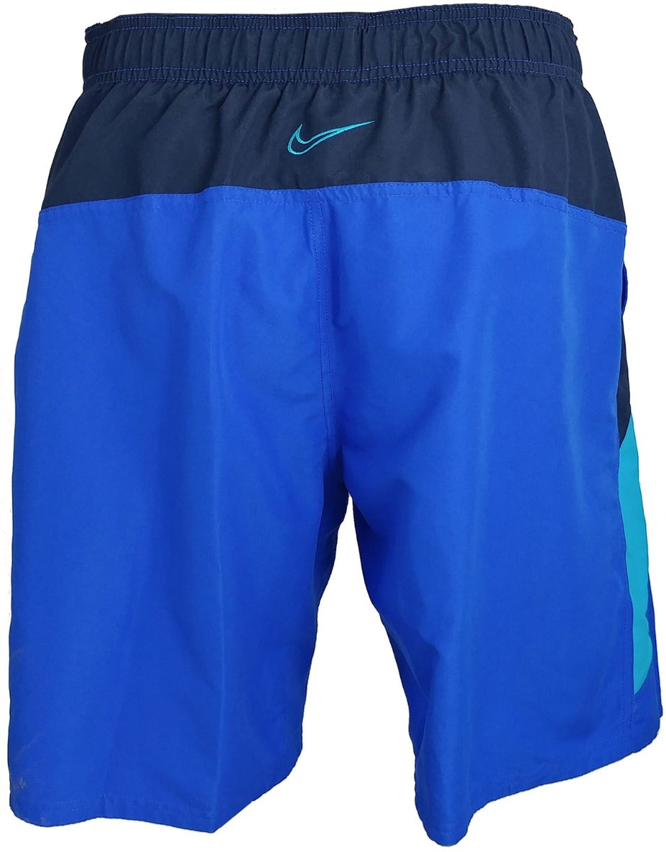 Nike Swim Men's 9" Spliced Volley Swim Shorts - A pair of men's swim shorts with a spliced design in shades of blue and gray, featuring an elastic waistband.
