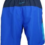 Nike Swim Men's 9" Spliced Volley Swim Shorts - A pair of men's swim shorts with a spliced design in shades of blue and gray, featuring an elastic waistband.