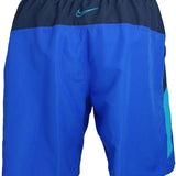 Nike Swim Men's 9" Spliced Volley Swim Shorts - A pair of men's swim shorts with a spliced design in shades of blue and gray, featuring an elastic waistband.