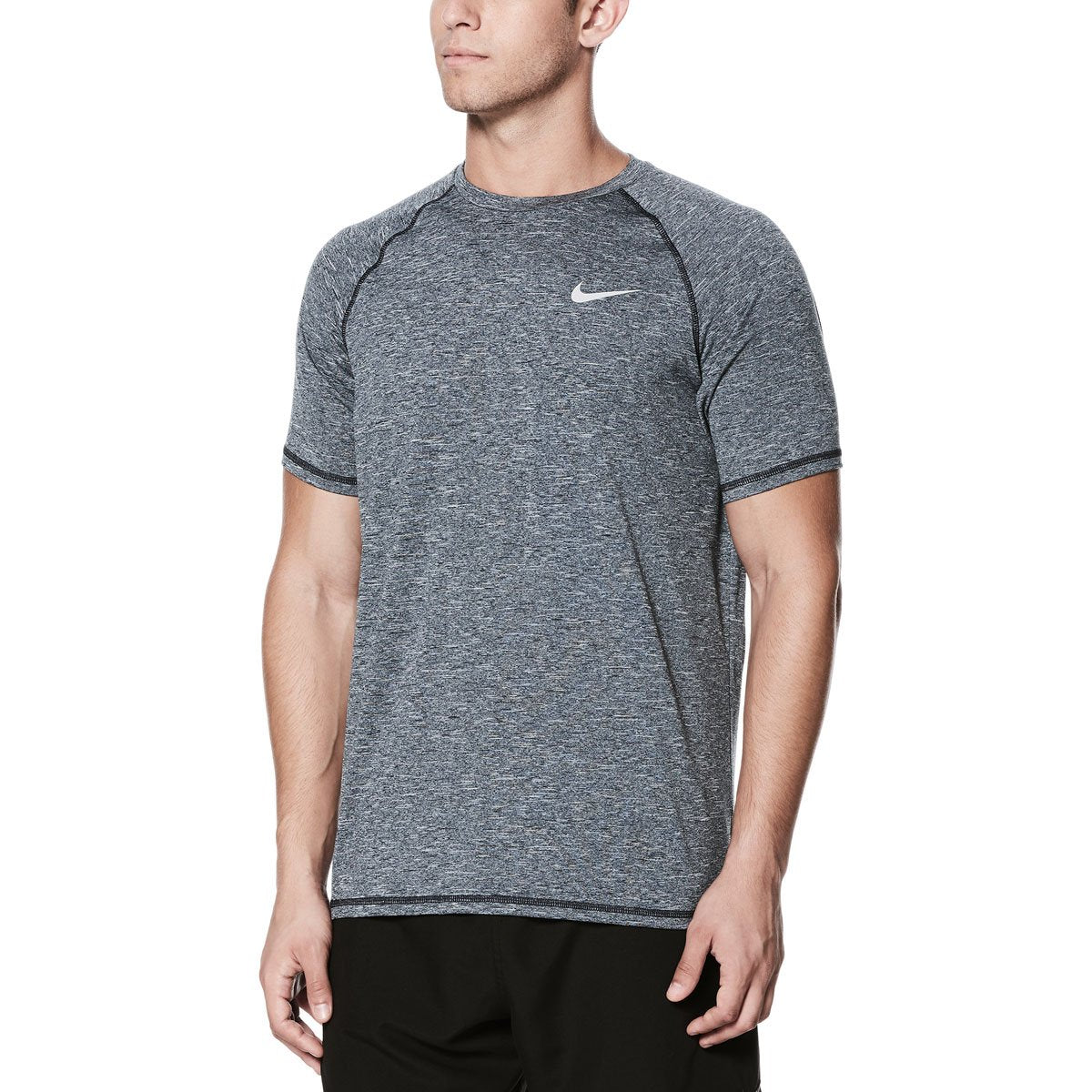 Nike Swim Men's Hydroguard Heather Short Sleeve T-Shirt - A heather gray short-sleeve t-shirt with a white Nike logo on the left chest.