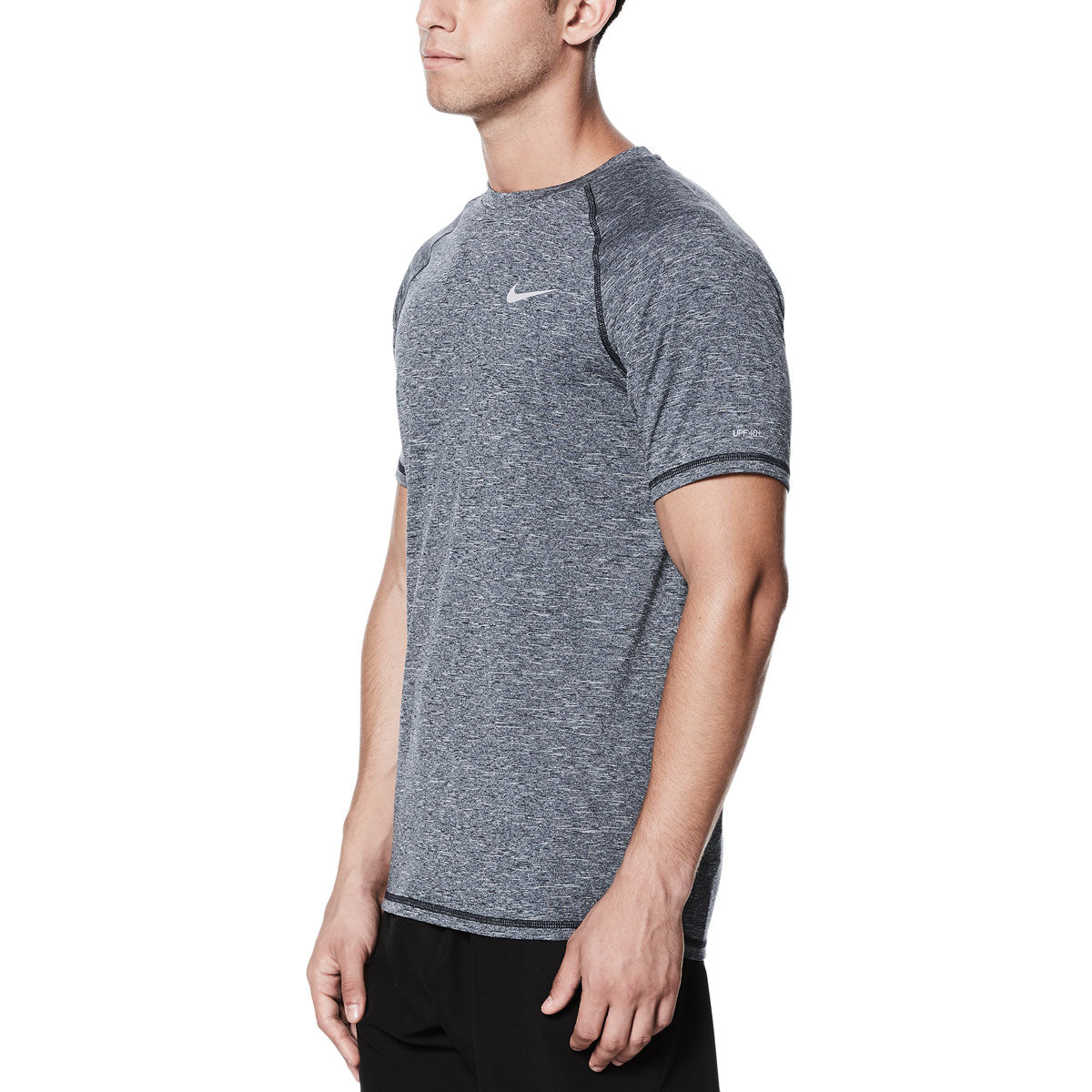 Nike Swim Men's Hydroguard Heather Short Sleeve T-Shirt - A heather grey short-sleeved t-shirt with a white Nike logo on the chest.