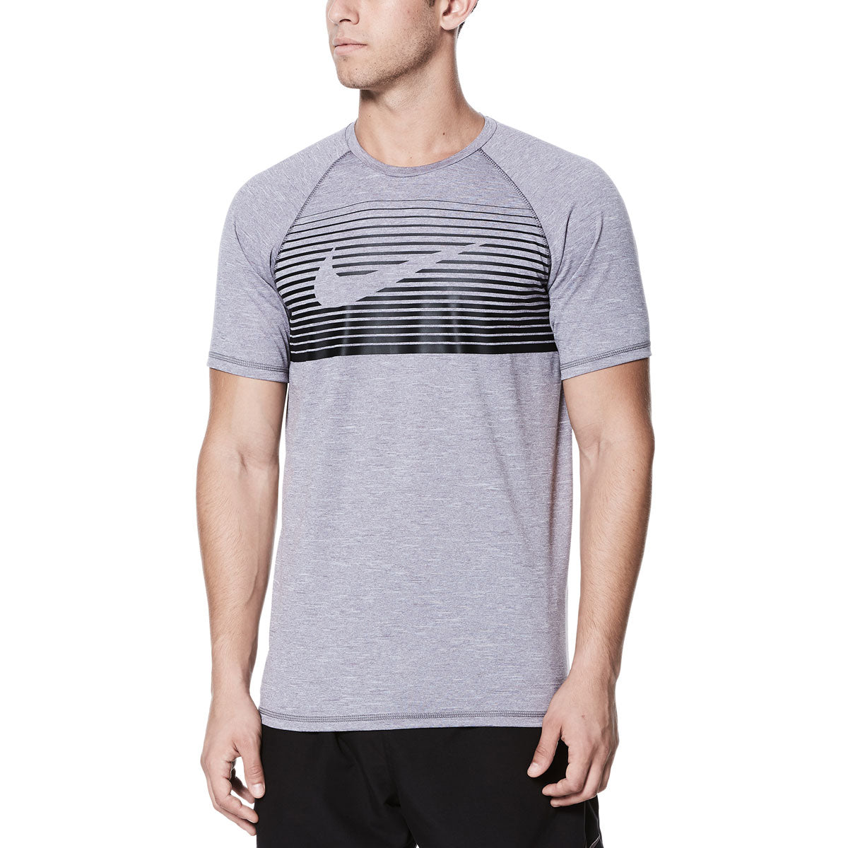 Nike Swim Men's Beam Hydroguard Short Sleeve T-Shirt - A gray short-sleeved t-shirt with a white Nike logo on the chest.