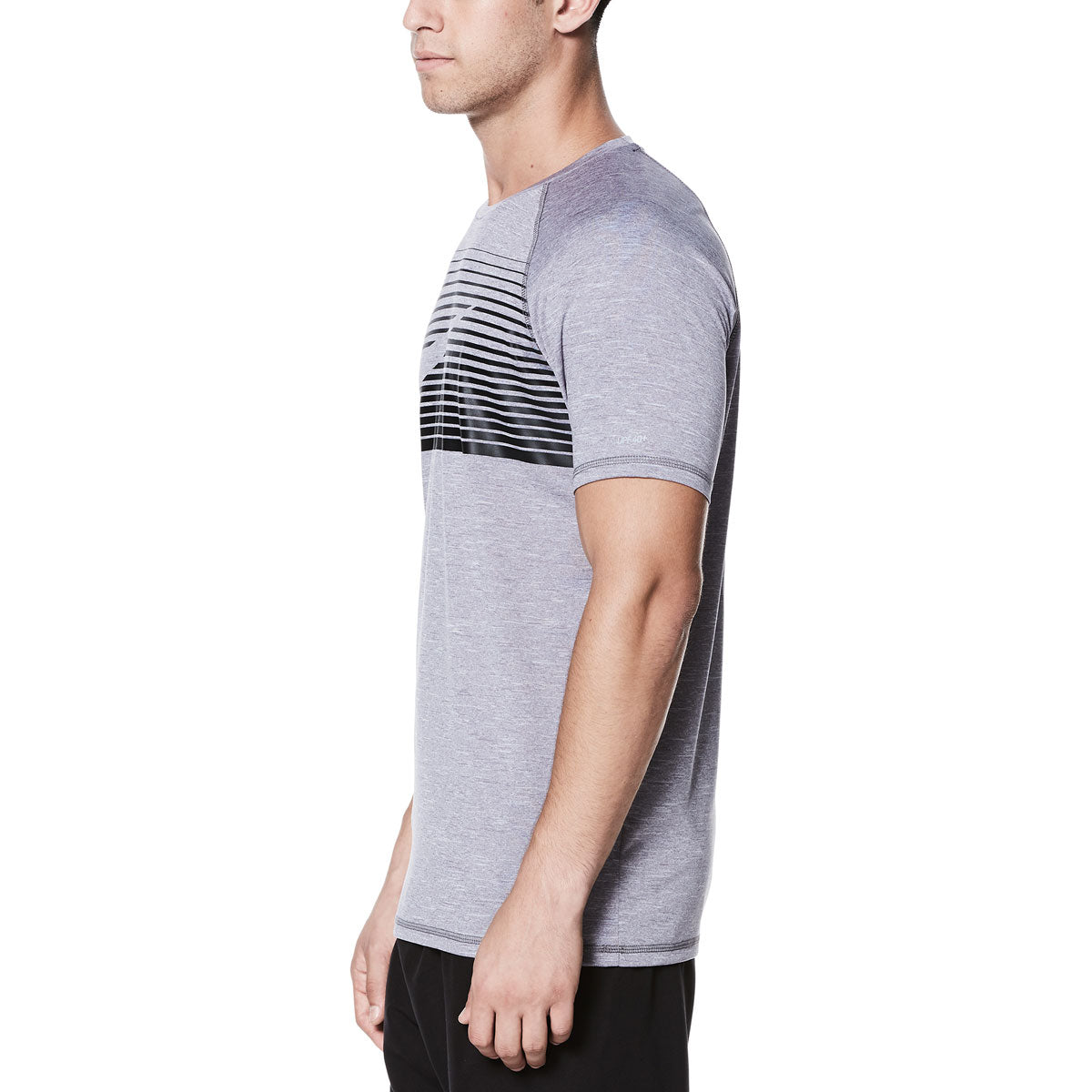 Nike Swim Men's Beam Hydroguard Short Sleeve T-Shirt - A gray t-shirt with a black and white horizontal striped design on the chest.