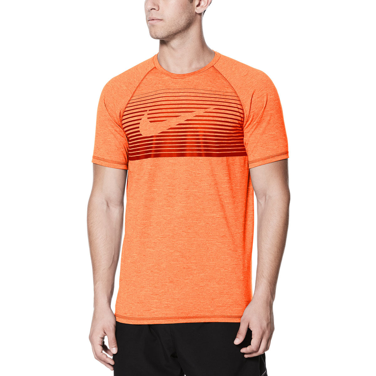 Nike Swim Men's Beam Hydroguard Short Sleeve T-Shirt - A short-sleeved orange t-shirt with a horizontal striped pattern on the chest area.